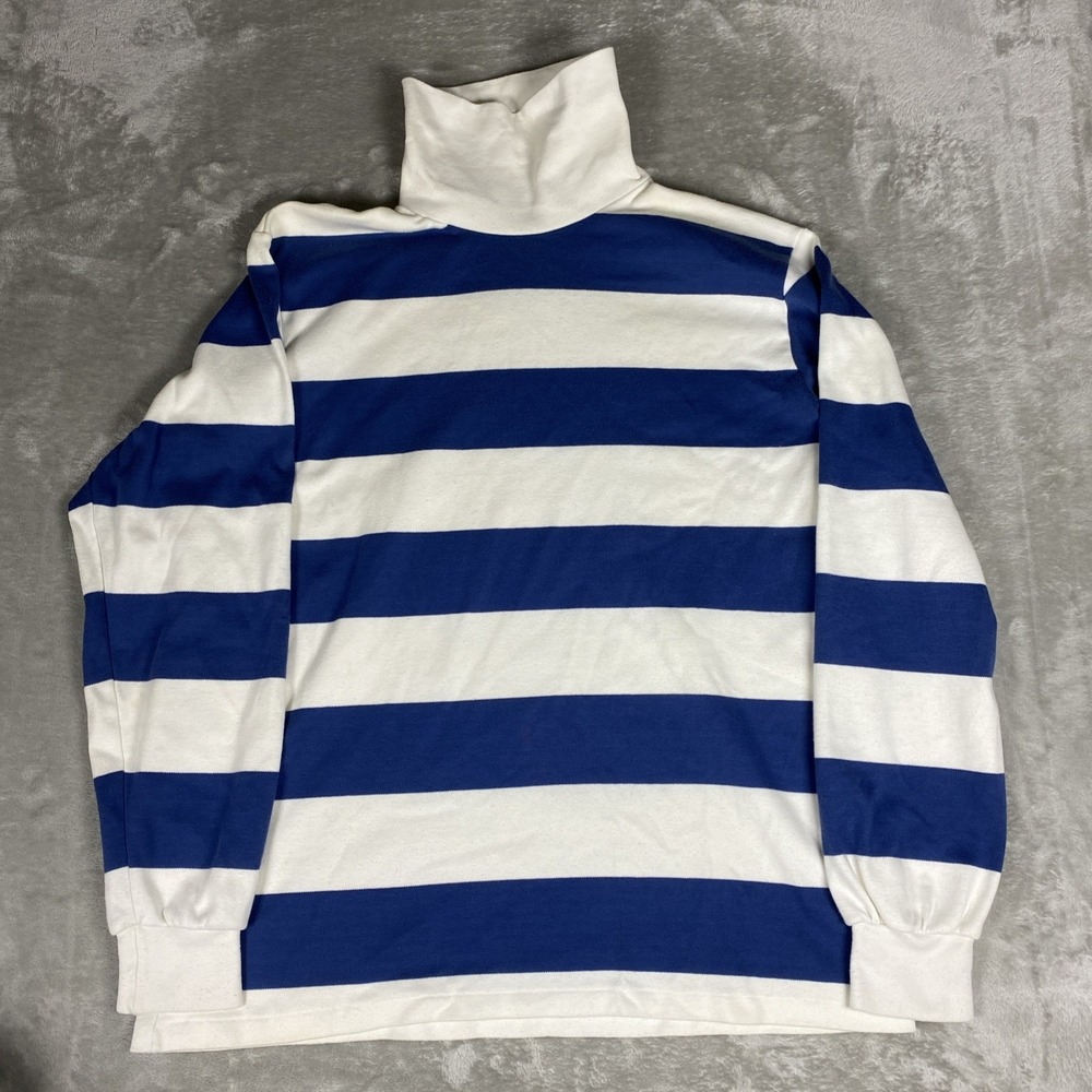 Vintage Lands End Turtleneck Sweater Men's Large Blue White Stripe Cotton USA